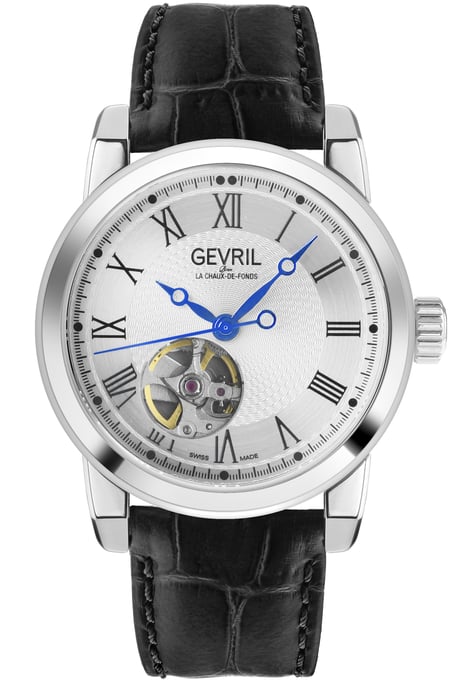 Gevril Men's Madison Swiss Automatic Stainless Steel Silver Dial Black Leather Watch