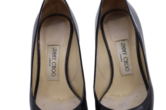 Jimmy Choo 'Baxen' Peep-toe Wedges in Zwart Glanzend Leder - Image 5