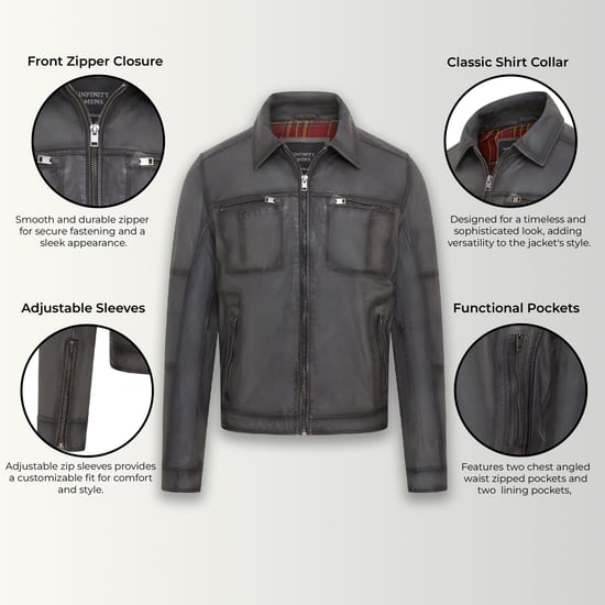 Mens Grey Classic Leather Biker Jacket - Bettles