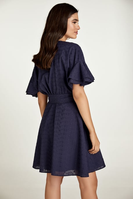 Dark Blue Embroidered Dress with Ruffle Sleeves