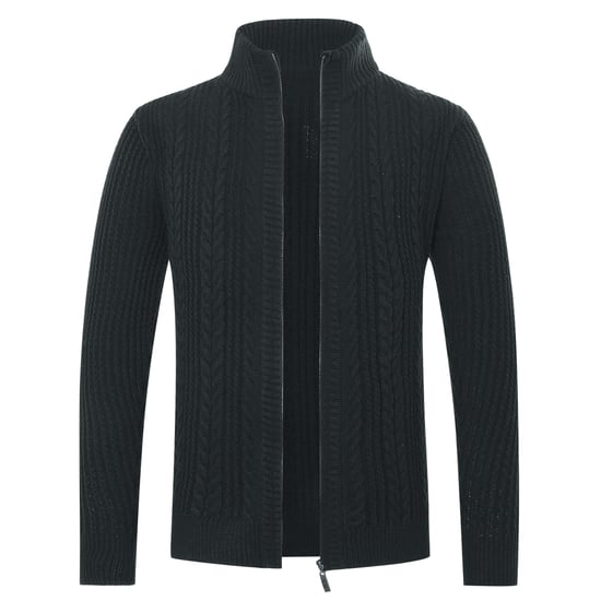 Men's Cardigan with Zip Cardigan Chunky Knit with Stand-Up Collar Black