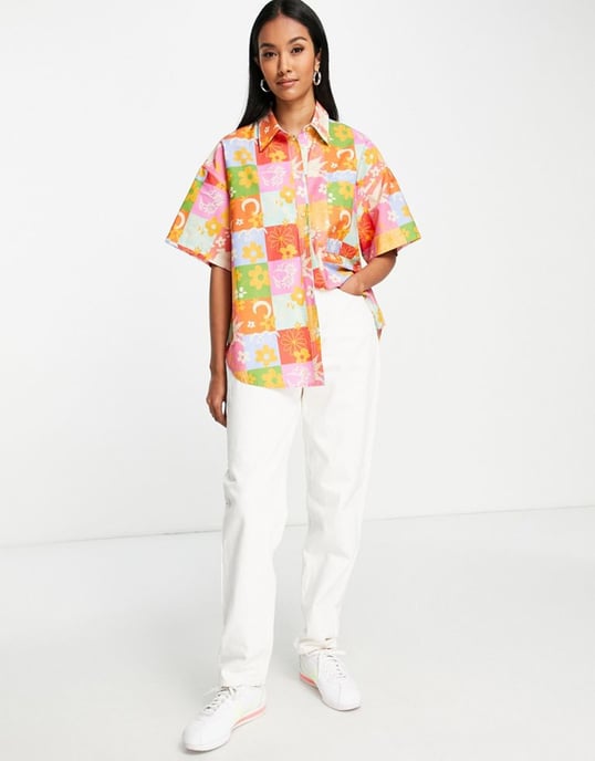 ASOS DESIGN short sleeve vacay shirt in bright check motif print-Multi