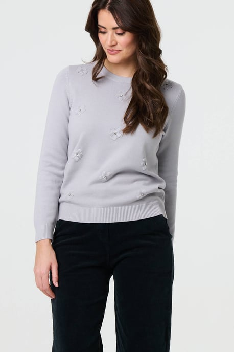 Grey Floral Gemstone Embellished Jumper