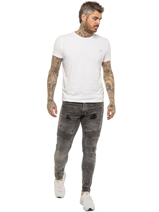 Enzo | Mens Skinny Stretch Biker Denim Jeans - Black Acid