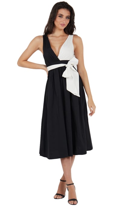 Zwart met contrast witte poplin tie taille midi jurk - Image 4