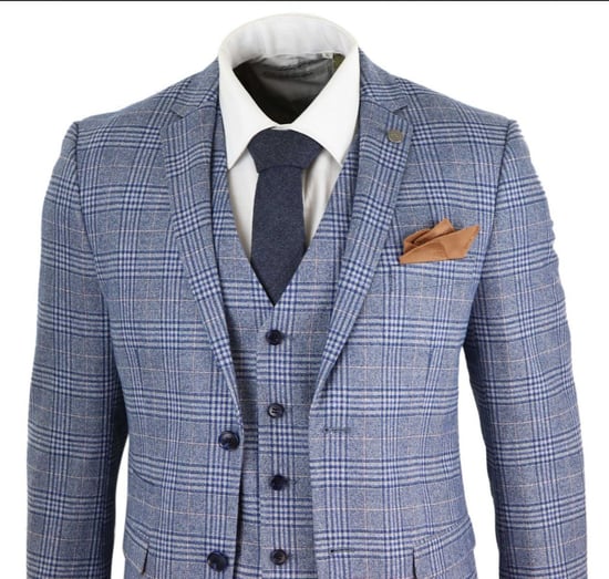 Heren 3-delige Blauw Grijze Tweed Check Vintage Retro Pak - Image 6