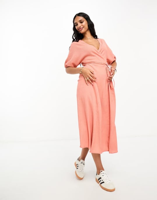 ASOS DESIGN textured crinkle wrap midi dress with tie side in light rust-Orange