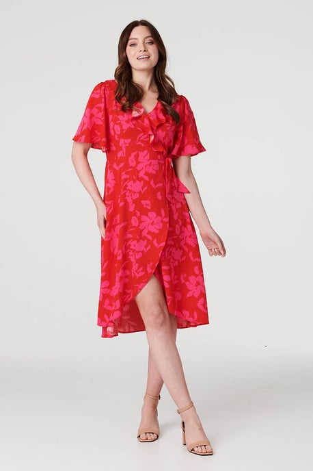 Red Floral 1/2 Flare Sleeve Wrap Dress