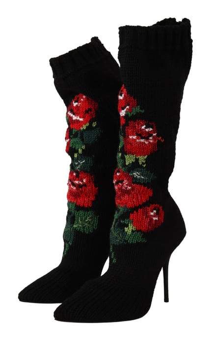 Dolce & Gabbana Zwarte Reksokken Rode Rozen Enkellaarsjes Dameschoenen - Image 2