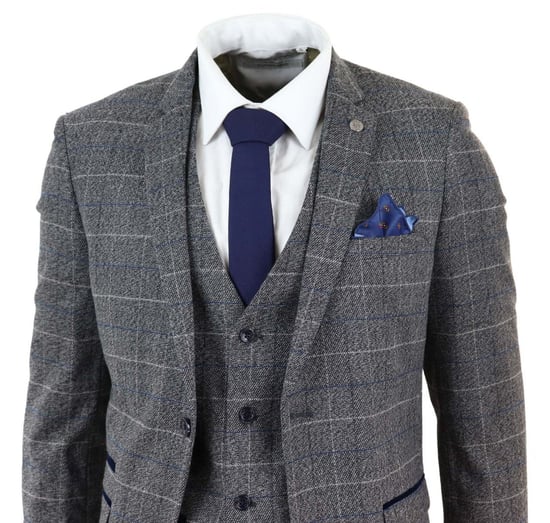Heren 3-delig grijs met blauw geruit vintage klassiek pak - Image 3