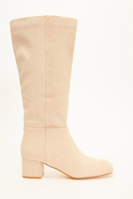 Cream Faux Suede Knee High Boots