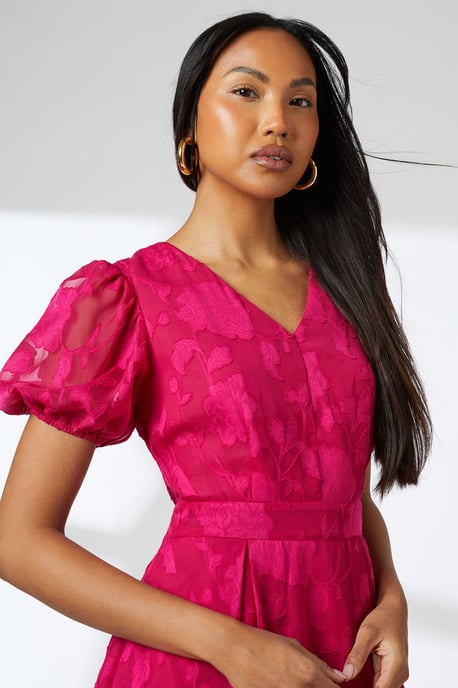 Pink Floral Jacquard Puff Sleeve Midi Dress