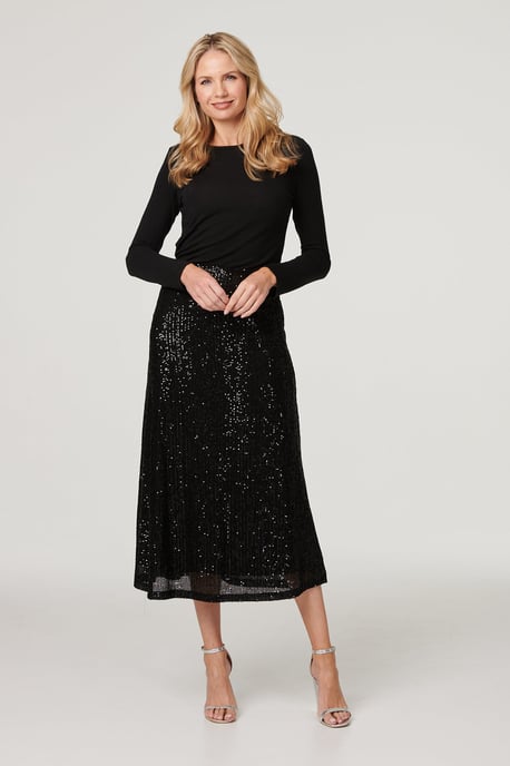 Black Sequin High Waist Semi Sheer Midi Skirt