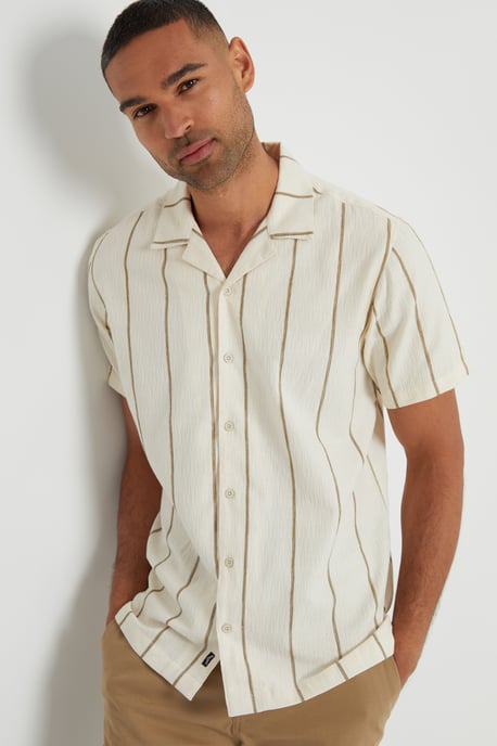 Natural 'Lightwood' Textured Stripe Revere Collar Short Sleeve Shirt