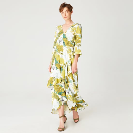 Tropical print frilled midi dress with cross bust
