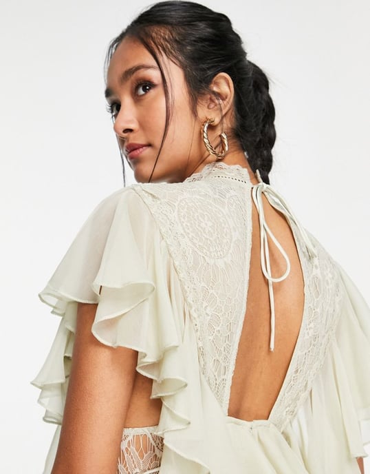 ASOS DESIGN tiered soft mini dress with lace applique bodice and ruffle detail in stone-Neutral