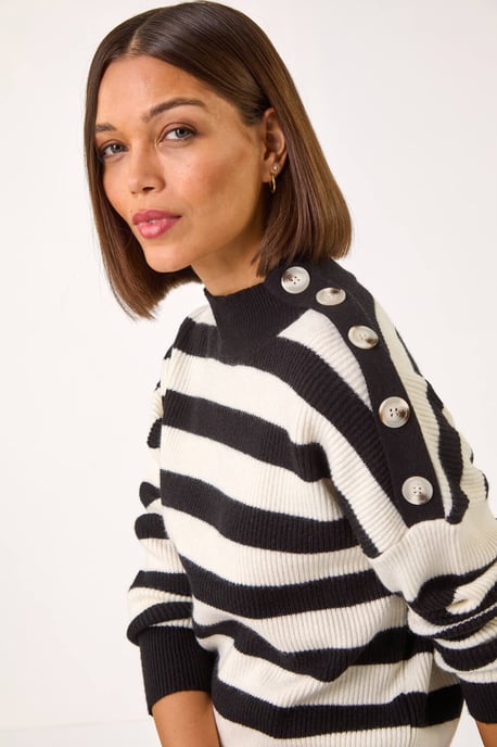 Button Shoulder Detail Stripe Knit Jumper