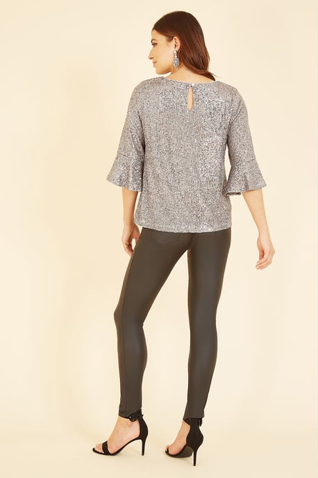 Silver Sequin Top With Fluted Sleeve