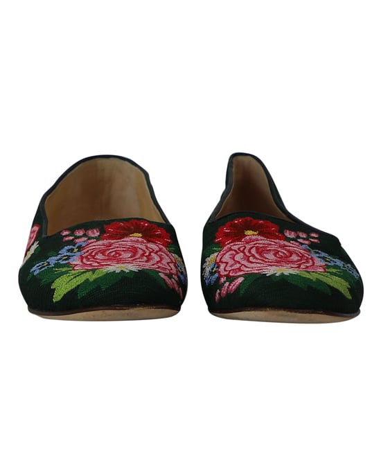 Charlotte Olympia Rozenhof Bloemig Geborduurde Instappers in Groene Stof - Image 2