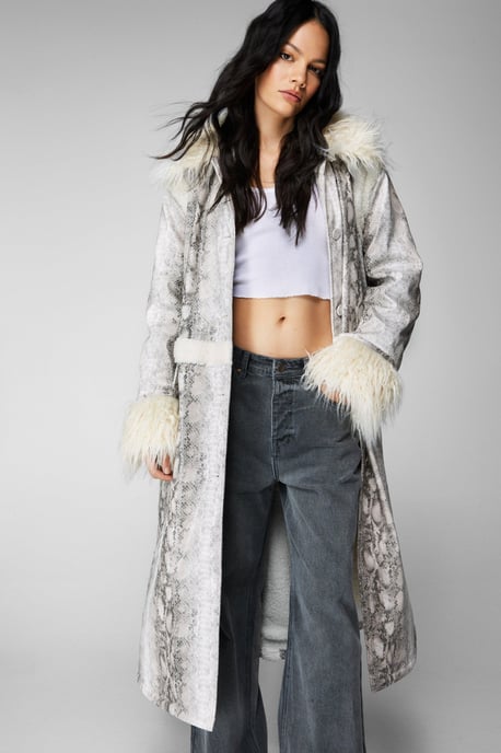 Snake Print Shearling Trim Longline Aviator Coat