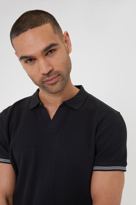 Black 'Tucson' Textured Knit Open Collar Polo Shirt