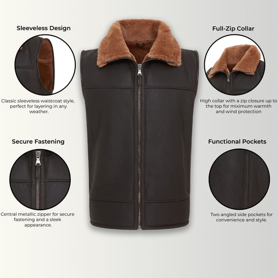 Mens Brown Aviator Shearling Bomber Gilet - Ambler
