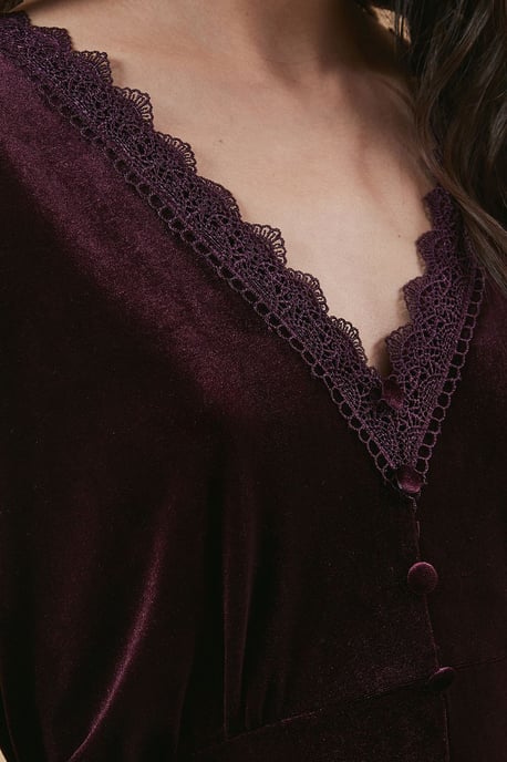 Velvet Lace Trim Button Through Midi Dress
