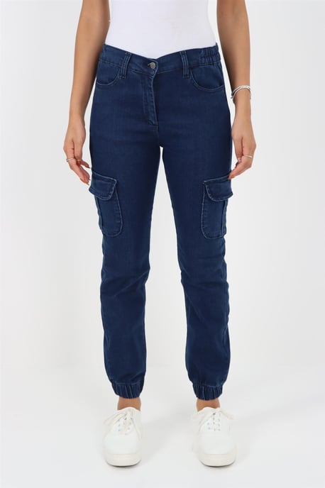Damesjeans met elastische taille en zelfboeien in donkere stonewash - Image 4