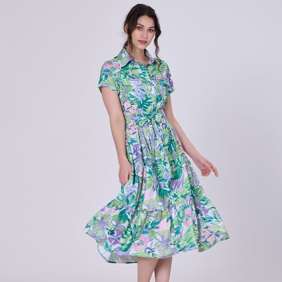 Tropical print midi shirt dress