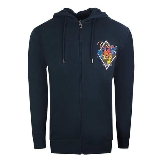 Cavalli Class Diamond-logo marineblauwe hoodie met rits - Image 1