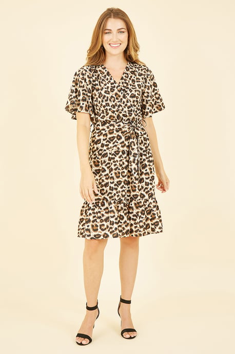 Brown Animal Print Wrap Over Skater Dress