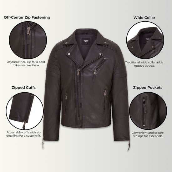 Mens Black Brando Double Cross Zip Leather Biker Jacket- Fagernes