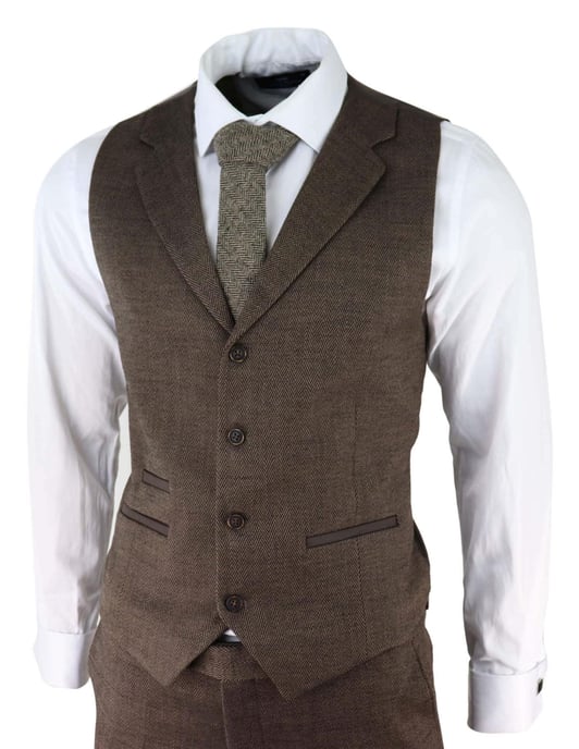Heren Bruin 3-delige Tweed Haringbeen Pak Peaky Blinders Klassiek Maatwerk - Image 5