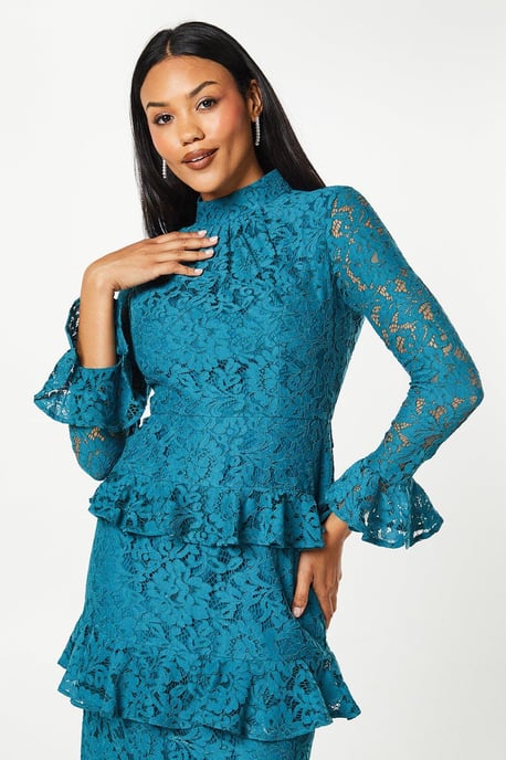 Long Sleeve Tiered Ruffle Lace Midi Dress