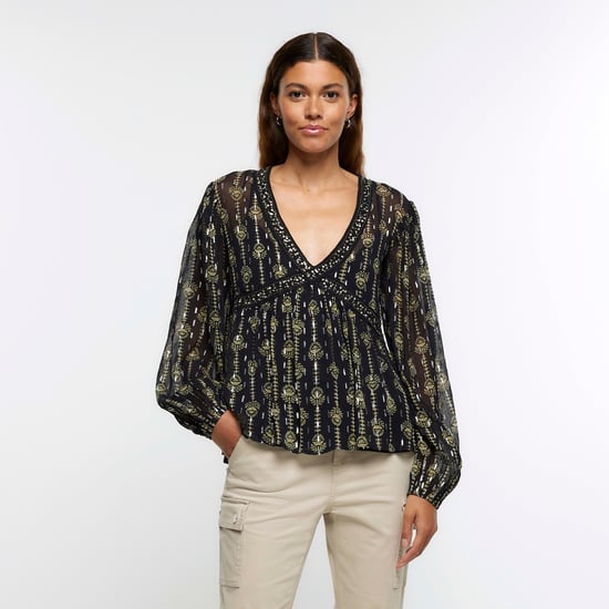 River Island Womens Blouse Black Floral Embellished