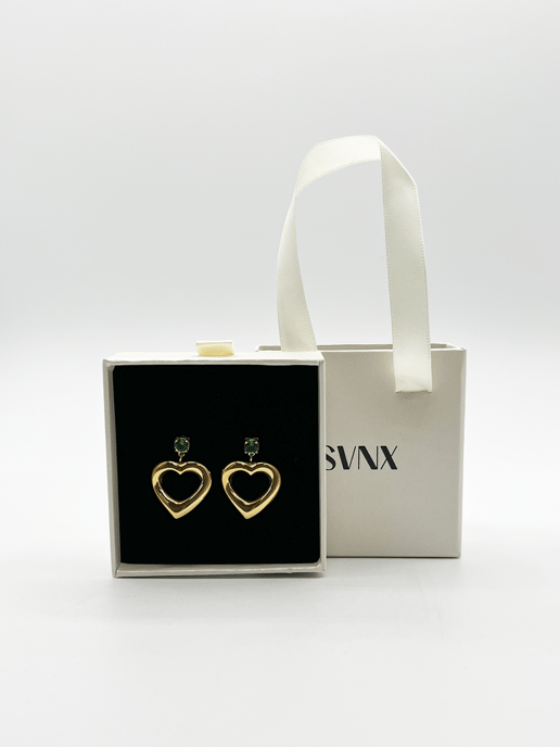 Heart Drop Earrings in Gold with Green Stone - Image 1