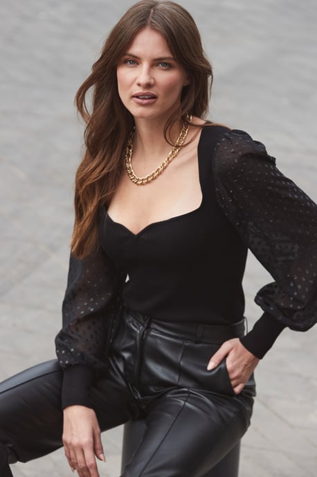 Black Polka Dot Sheer Sleeve Sweetheart Neckline Jumper