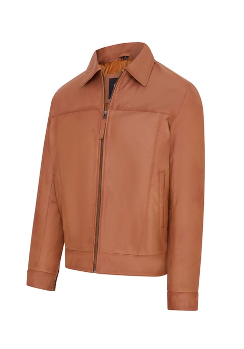Mens Tan Retro Classic Leather Harrington Biker Jacket - Drammen