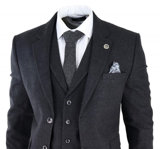 Heren Zwart 3-delig Tweed Pak Peaky Blinders 1920s Gatsby Klassieke Pasvorm - Image 3