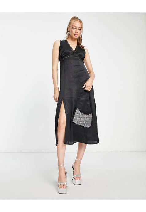 Influence satin sleeveless midi dress with lace trim in black