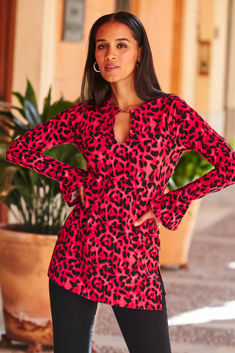 Hot Pink Leopard Print Gold Bar Detail Tunic