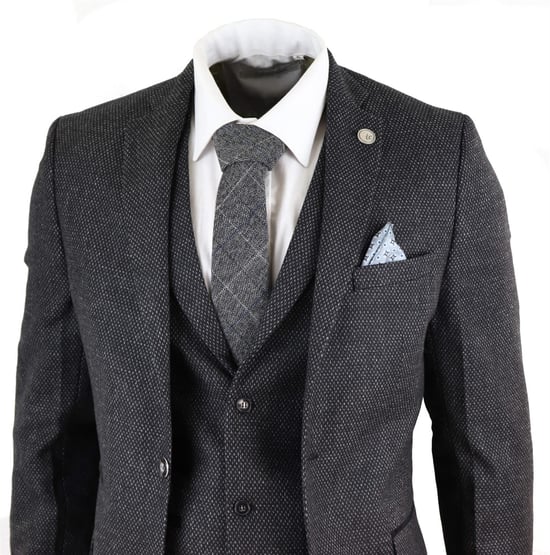 Heren 3-delige Zwarte Visgraat Tweed Kostuum - Image 3