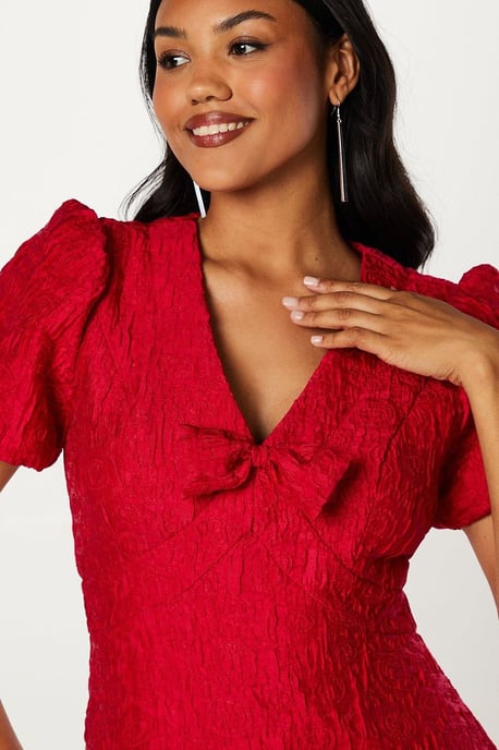 Coast Womens Fit & Flare Dress Red Polyester V-Neck Short Sleeve Midi Jacquard