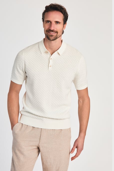 Ecru Cotton Short Sleeve Button-Up Polo Shirt