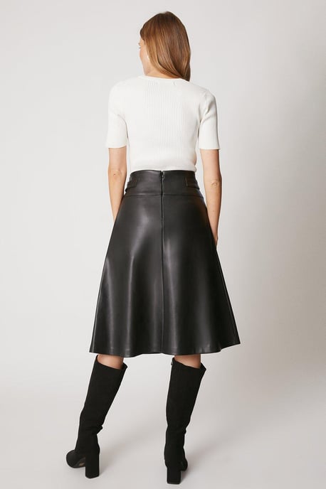 Black Tab Detail Faux Leather A Line Skirt - Image 3