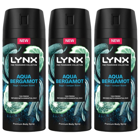 Lynx Fine Fragrance Collection Aqua Bergamot Deodorant Body Spray 150ml, 3 Pack