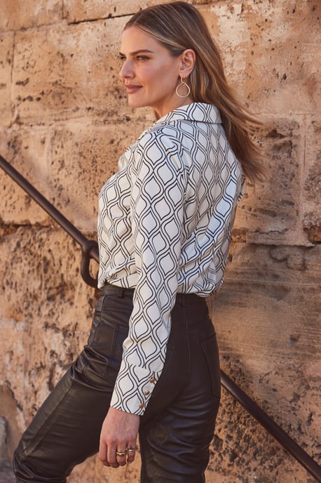 Ivory Geometric Print Satin Cowl Neck Top