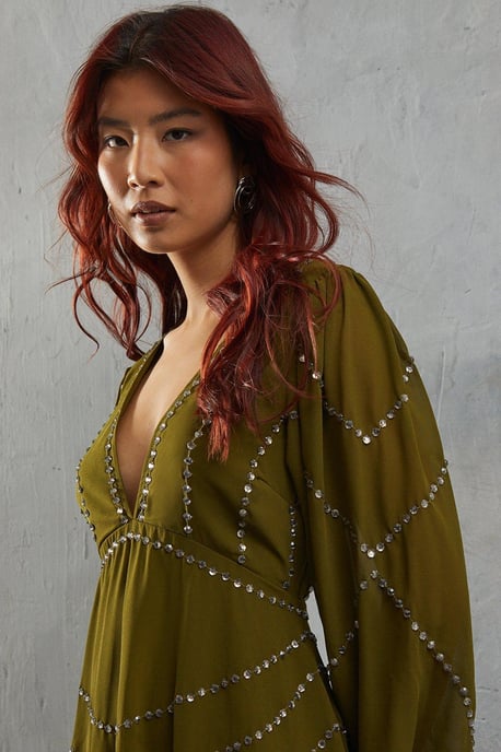 Premium Chiffon Embellished Plunge Neck Mini Dress - Image 4