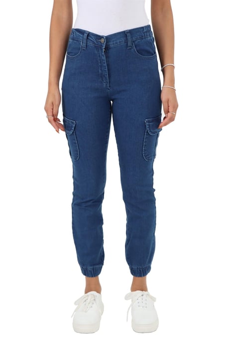 Damesjeans met elastische taille en zelfboeien in blauw - Image 1