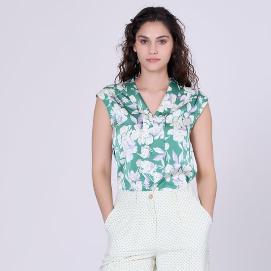 Mouwloze blouse met brede platte kraag en macro bloem afdrukken - Image 1
